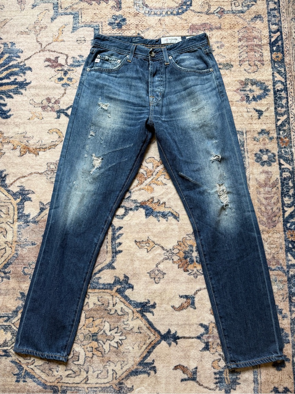 Ag Adriano Goldschmied Distressed Dark Blue Slim Straight Jeans